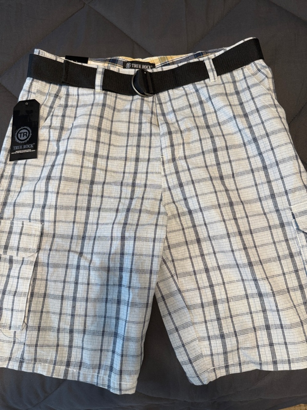 TRUE ROCK Black and White Plaid Cargo Shorts with Web Belt